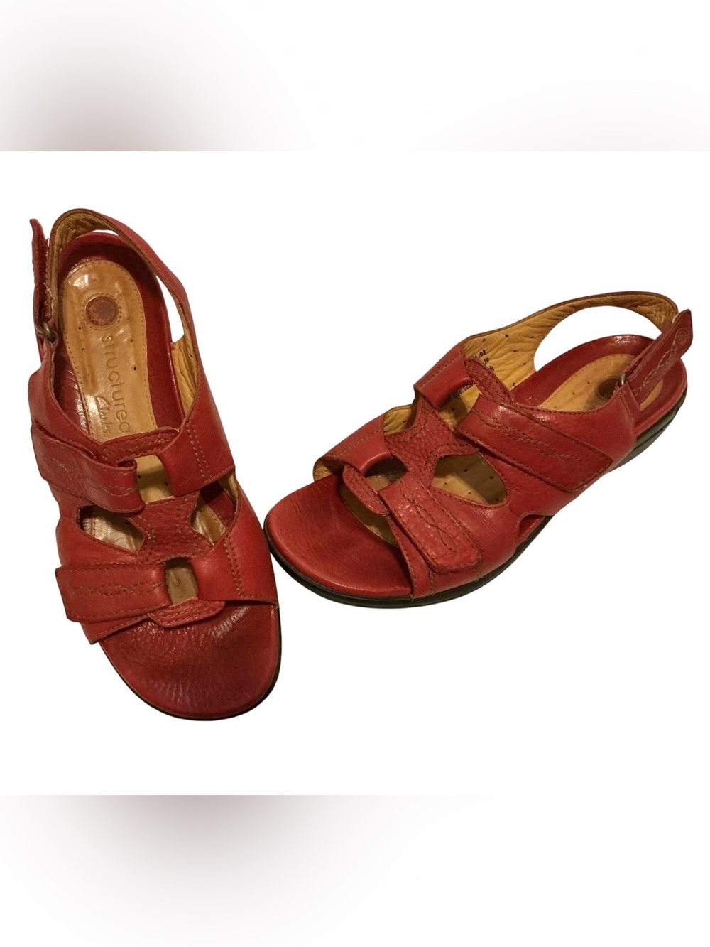 Clarks UnStructured Leather Comfort Wedge Sandals Red Hook & Loop Womens 7M